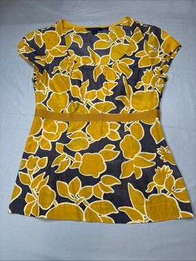 Boden Yellow and Charcoal Floral Short-Sleeve Tunic Size 8